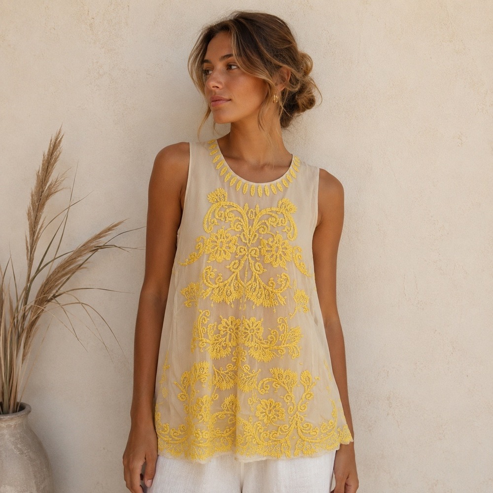 Sundance Embroidered Mesh Tank Top Womens M Yellow Floral Boho Chic Feminine